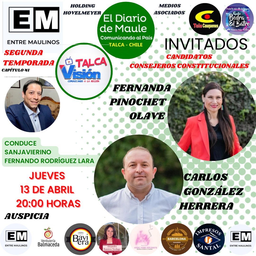 frodrigl's tweet photo. 📌jueves 13 de abril. Capítulo 41 de ENTRE MAULINOS desde las 20:00 horas con Fernando Rodríguez Lara.
Invitados.
📍FERNANDA PINOCHET OLAVE.
📍CRISTIAN GONZÁLEZ HERRERA.
Candidatos a Consejeros Constitucionales representando a EVOPOLI (región del Maule) https://t.co/eCH33MyCCl