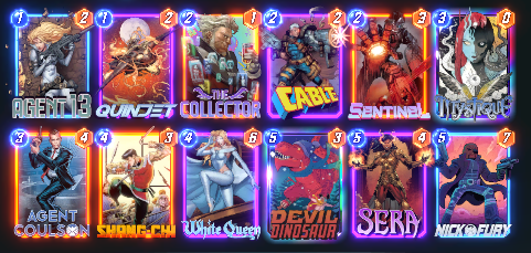 OrionhartLive's tweet photo. Currently in semi-finals of today's @EGL Qualifier for Snap with this deck I built today. Never underestimate the value of skill-testing random cards, and also big pog- Nick Fury and White Queen can't be shang'd.

Wish me luck in the semis and hopefully finals!

#MarvelSnap https://t.co/HzkJO10Gc8