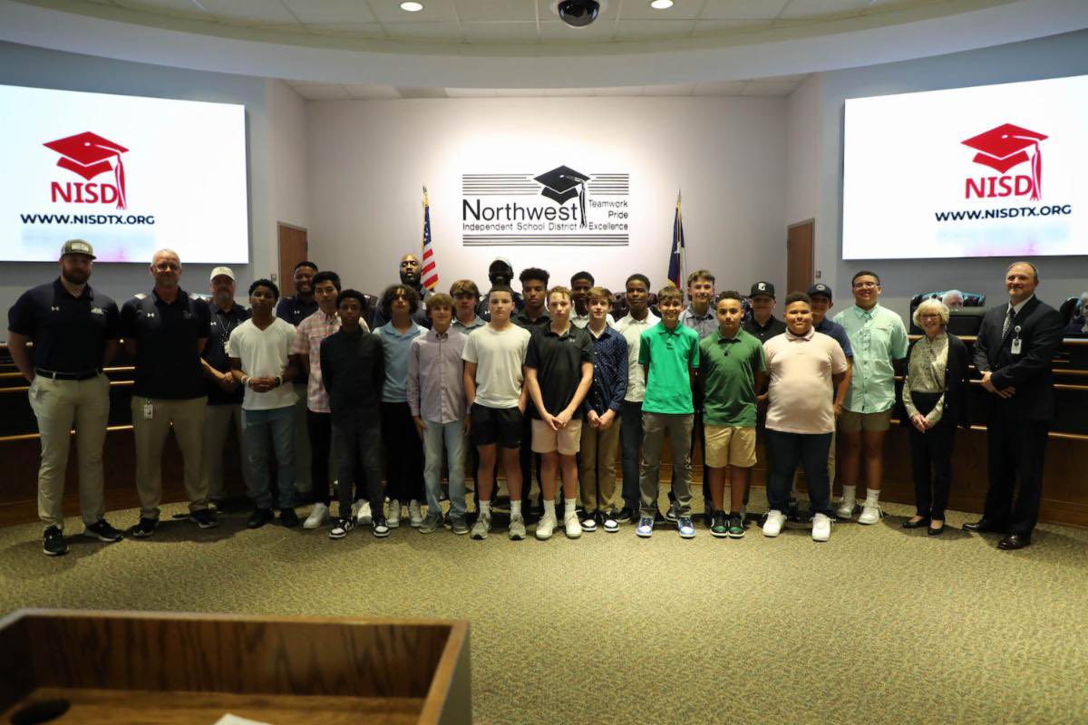 LeoAdamsMS's tweet image. Both 7th Grade Volleyball and Football teams were acknowledged at this weeks NISD Board Meeting for undefeated seasons! Shout out to our roaring student athletes and coaches for roaring seasons! 🦁🏐 🏈 🏆 🦁