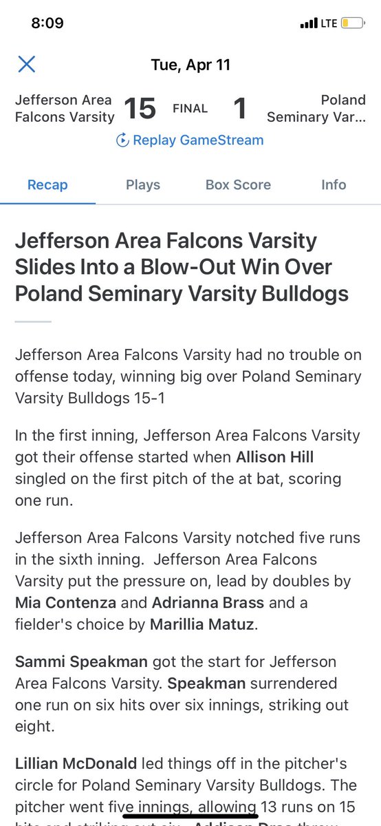 jhs_sb's tweet photo. Big run-rule WIN over the Poland Bulldogs tonight !!! 💪🏻 #GoFalcons https://t.co/QL1JMHsbxg