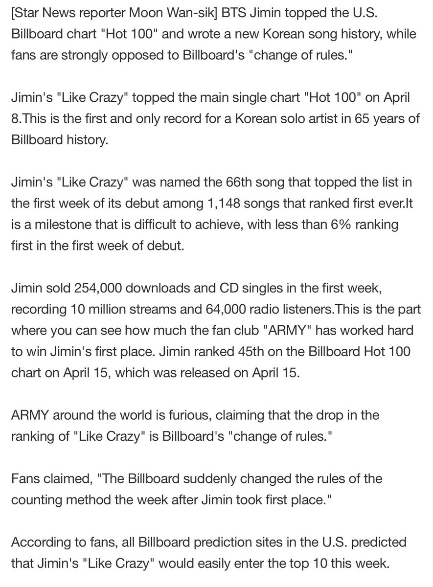 stussyjimin's tweet photo. “…Billboard suddenly changed the rules of the counting method the week after Jimin took first place… fans supported Jimin by purchasing music because it was disadvantageous on local radio broadcasts.” #BillboardCorrupt

https://t.co/2UstOvPLWF https://t.co/khsOJd7JGU