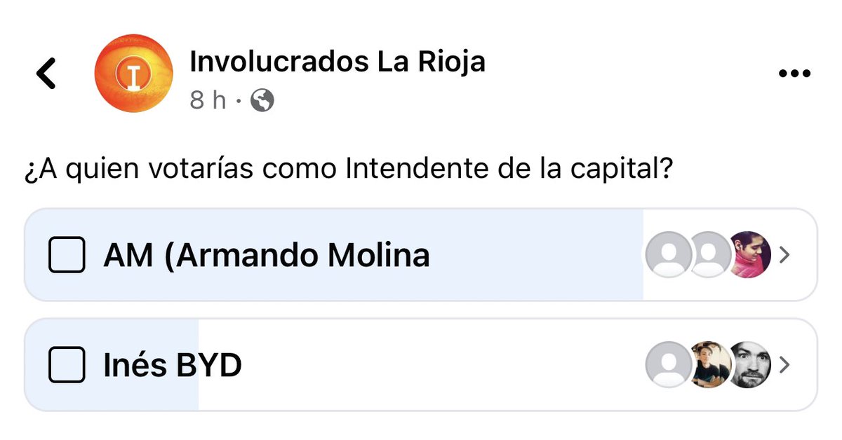 Hecatombe: 

<a href="/amolinalarioja/">Armando Molina</a> en las redes da el batacazo 

AM 78% 

<a href="/ines_byd/">Inés Brizuela y Doria</a> 21%