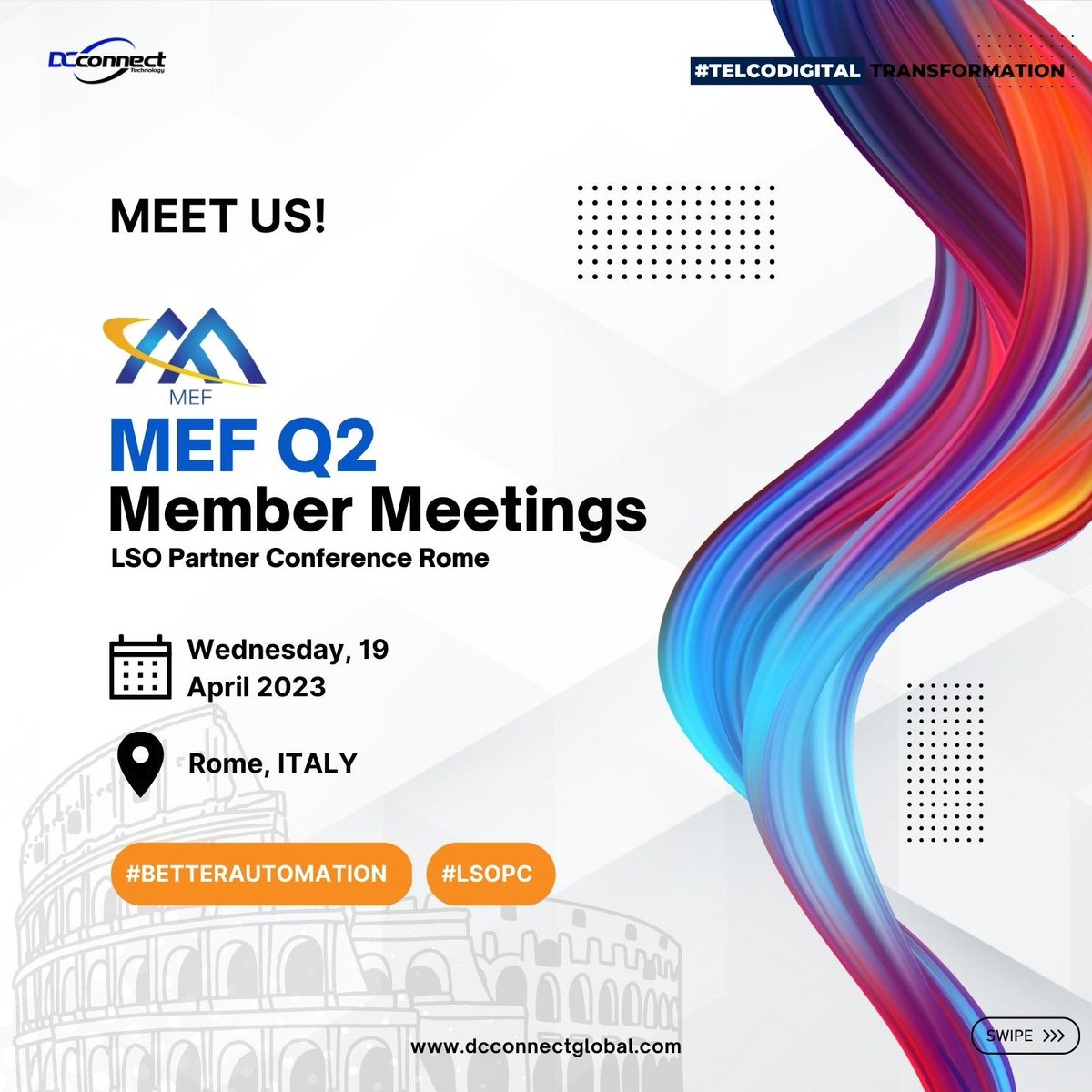 DCConnectGlobal's tweet photo. We are excited to announce that DCConnect Global's CEO, CCO, and Senior Software Architect will be attending the @MEF_Forum Q2 Member Meeting 2023 - LSO Partner Conference in Rome, Italy. #betterautomation #LSOPC #MEF #MemberMeetingsQ2 #DCConnect #Telcodigital https://t.co/nSFS30fJCF