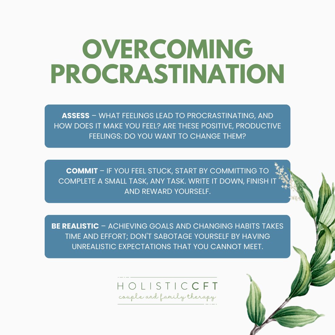 Procrastination and avoidance can hold us back from living our best lives, but with the right tools and mindset, we can overcome them and thrive! 

Contact us today!
📲 (773) 492-5871

#HolisticCFT #Chicago #ChicagoTherapy #CoupleTherapy #FamilyTherapy #Procrastination #Avoidance