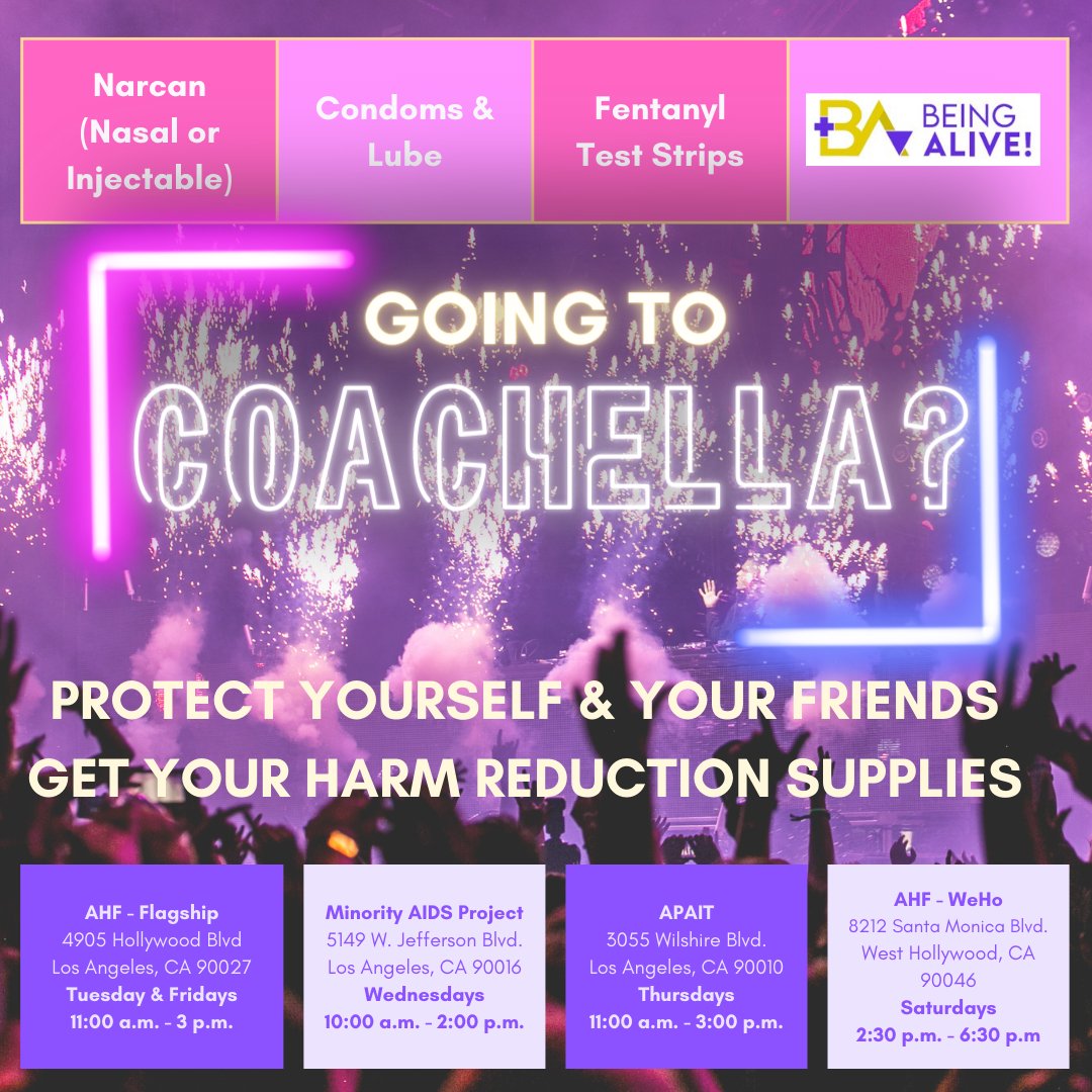 BeingAlive1986's tweet photo. Are you headed to the Coachella Music Festival over the next two weekends? Remember to have a good time, and don't forget to pick up your harm reduction supplies to keep you safe from HIV, STI's and overdoses.
#narcan #needleexchange #condoms #condomswork #fentanylteststrips https://t.co/UA7a602Ans