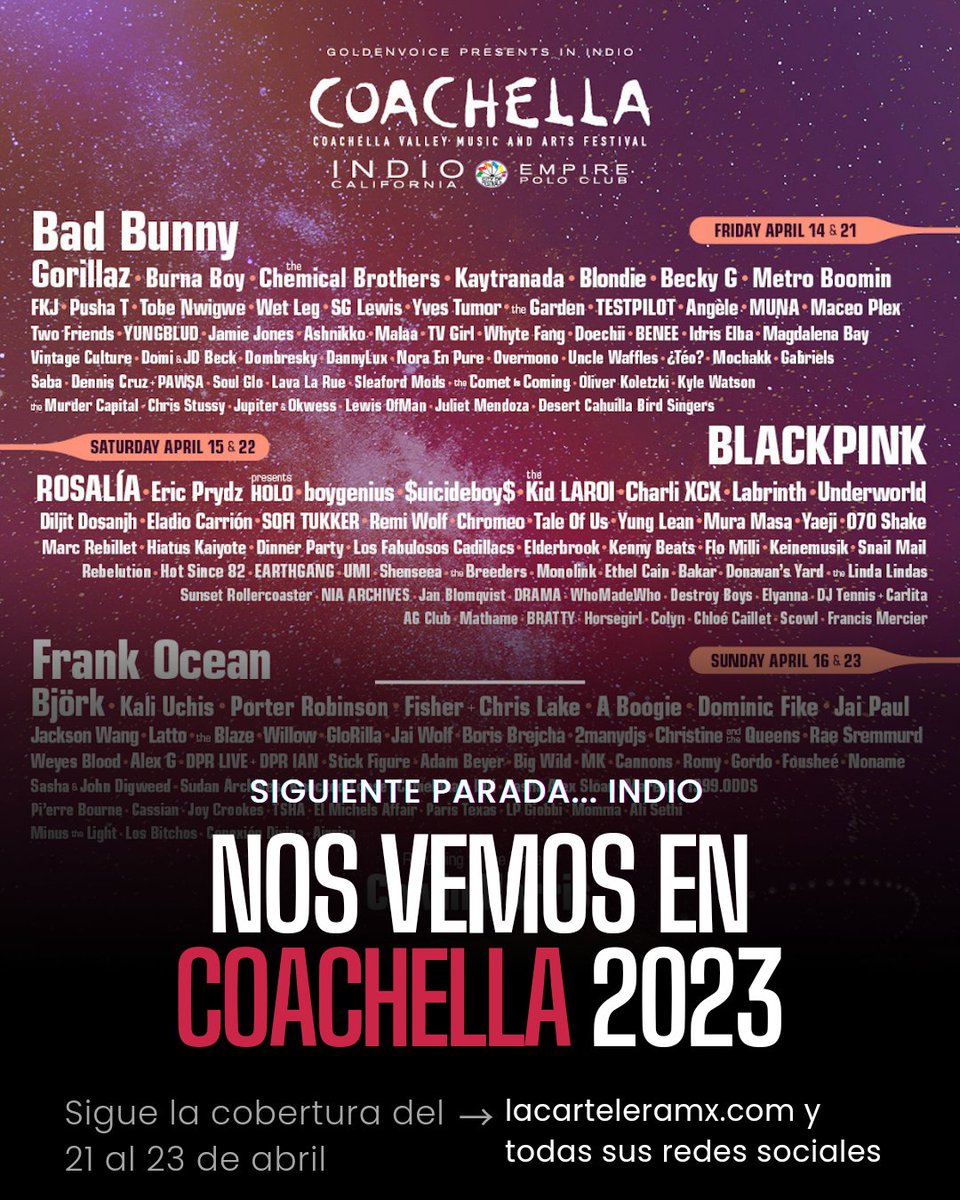 LaCarteleraMX's tweet photo. LaCarteleraMx llega por primera vez a #coachella 

Sigue nuestra cobertura del 21 al 23 de abril a través de todas nuestras redes sociales https://t.co/zxU0w2TImm