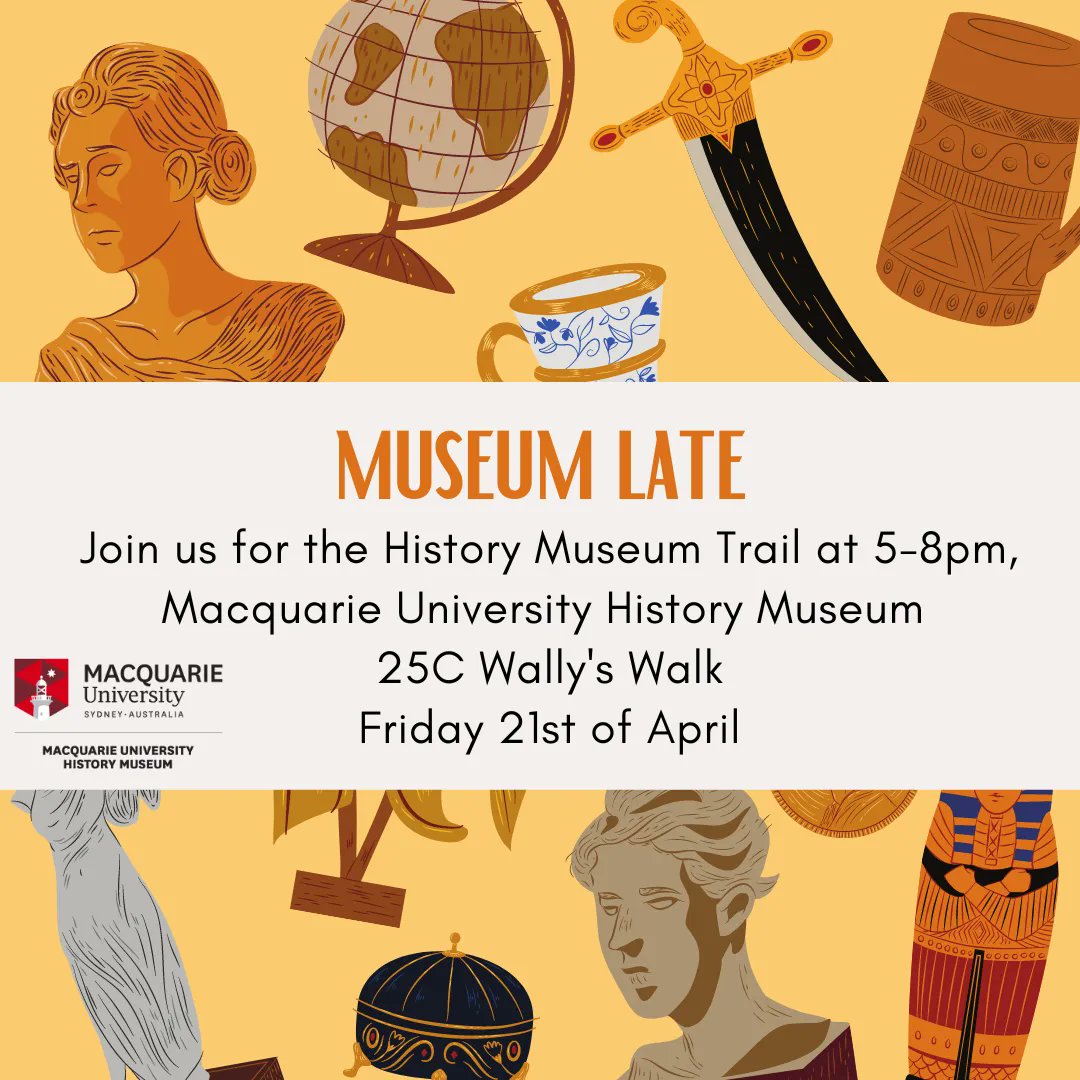 MAHA Students (@mahastudents) on Twitter photo “Museum Late! On Friday April 21st, MAHA in conjunction with the <a href="/MacquarieMuseum/">Macquarie University History Museum</a> will be running along the History Museum Trail. Running from 5-8pm, prepare for a night of fun, mystery, riddles, with prizes at the end. See us at the Museum at 25C Wally's Walk.” “Museum Late! On Friday April 21st, MAHA in conjunction with the <a href="/MacquarieMuseum/">Macquarie University History Museum</a> will be running along the History Museum Trail. Running from 5-8pm, prepare for a night of fun, mystery, riddles, with prizes at the end. See us at the Museum at 25C Wally's Walk.”