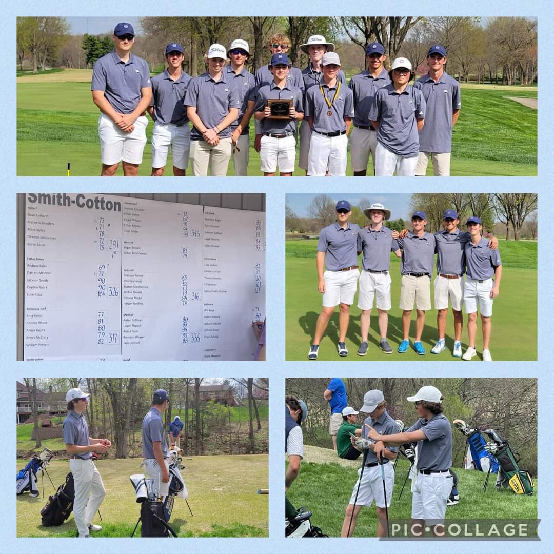 First place win at Smith-Cotton Classic today at Sedalia Country Club with a team score of 291. Archer Schnieders 71 (2nd place medal), Dawson Schnieders 72 (T3), Davis Linhardt 73 (T6), Burke Bauer 75, and Miles Vollet 78.
#SaderStrong