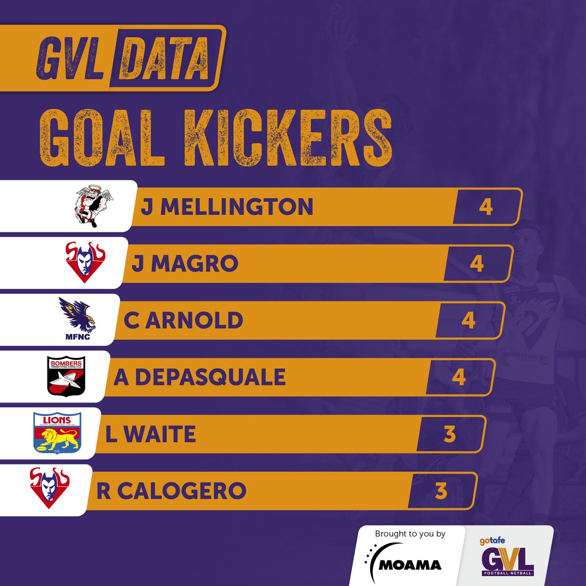 Here's how the GVL goal kicking tally looks after one round of action. #MMGSport #GVLData riverineherald.com.au/sport/gvl-data…