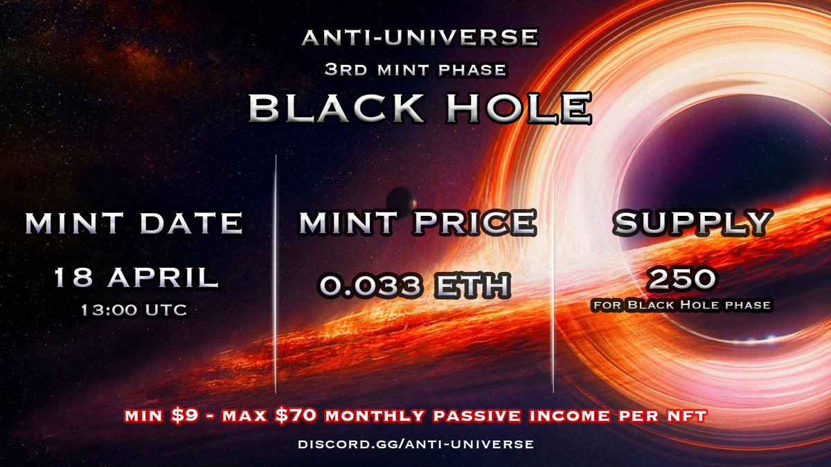 lll34534695's tweet photo. The Anti-Universe project 3rd Mint Phase at 18 APRIL 13:00 UTC 
It is a project worth holding for a long time
Official is very good  Has activities, interactions,they did what they said in the announcement
@AntiUniverseETH  
 #NFT    #antiuniverse https://t.co/cHMhbFm1qL