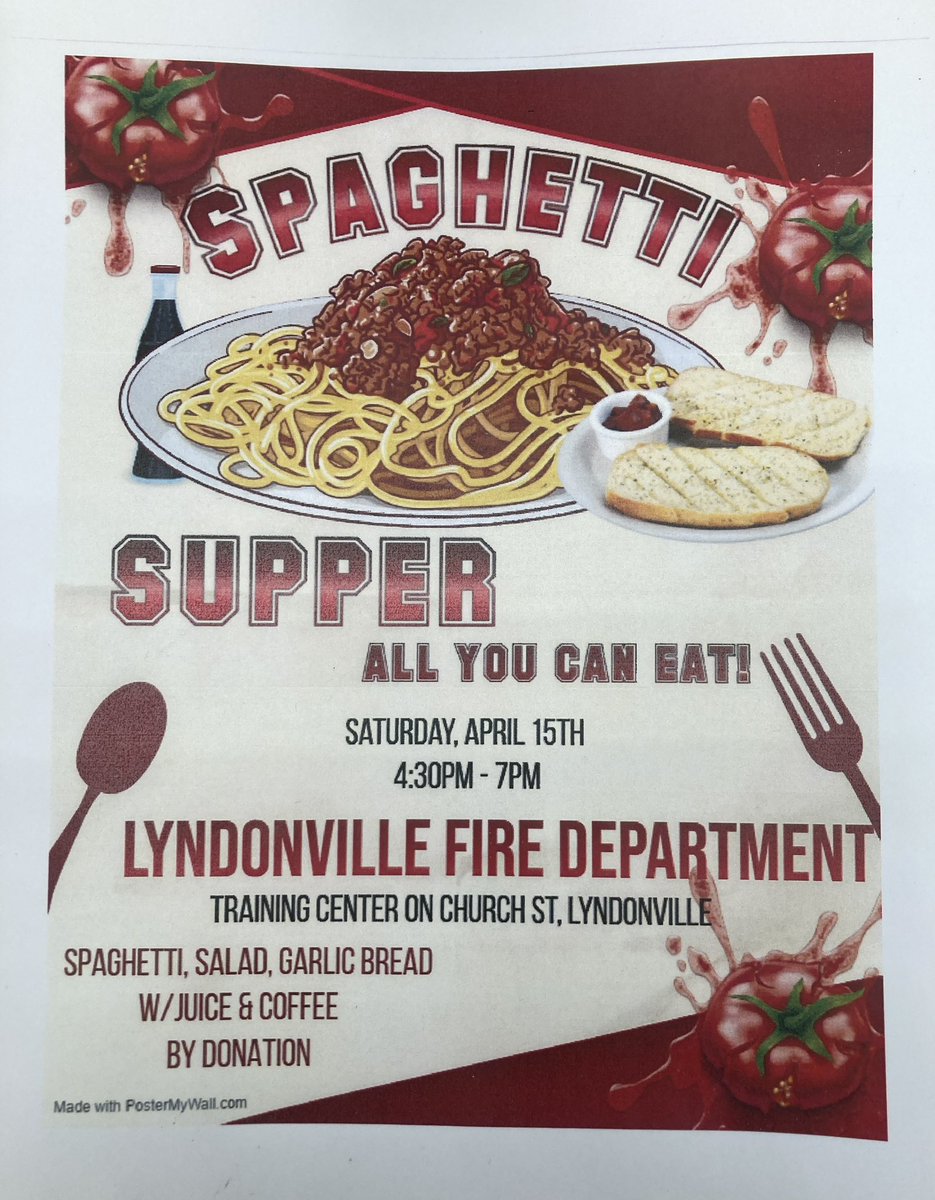 Saturday April 15th all you can eat spaghetti supper. Lyndonville Fire Station 4:30pm to 7:00pm Hope to see you there 
#SpaghettiSupper #Lyndon #Vermont