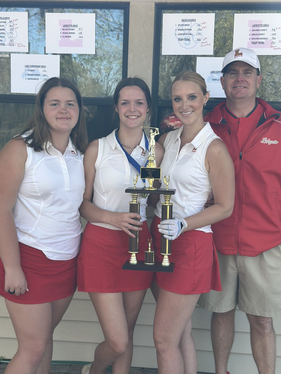 LafcoG's tweet photo. Lafayette Girls Golf Team 
District Champs &amp; Individual Champion
Ada Grace Everett - Individual     
Ainslee Everett
Katelynn Kirkendall 
We will playing in the MHSAA State Championship on April 24th &amp; 25th @ The Oaks Golf Course in Pass Christian @LafCo_Athletics @LafCo_District https://t.co/4cWuivH8C1