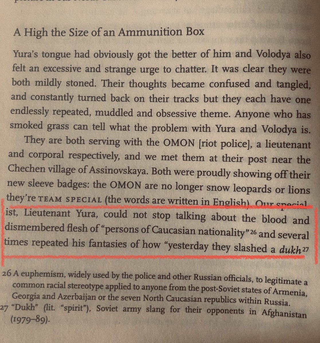 SasshaPetrova's tweet photo. If anyone thinks the beheading video is Ukrainian propaganda, too monstrous to be real, here’s an excerpt from Russian journalist Anna Politkovskaya’s book on the Chechen War, where Russian soldiers speak with relish about dismembering the flesh of people from the Caucasus 1/2 https://t.co/KqhIh6kGno