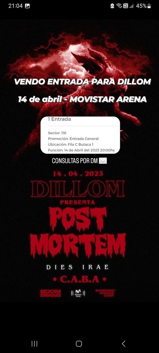 panitabmx's tweet photo. vendo entrada para @Dillom este 14 de abril 
mejor oferta se la lleva
#dillom #entradasargentina #movistararena #entradas #entrada #Twitter #TwitterCircle 
#dillomfans #fansargentina https://t.co/dqpxTTzuor