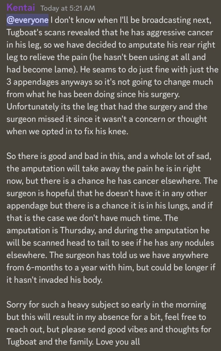 For those not in the Discord, I won't be streaming for a bit, Tugboat's going through some stuff, so read below for details.