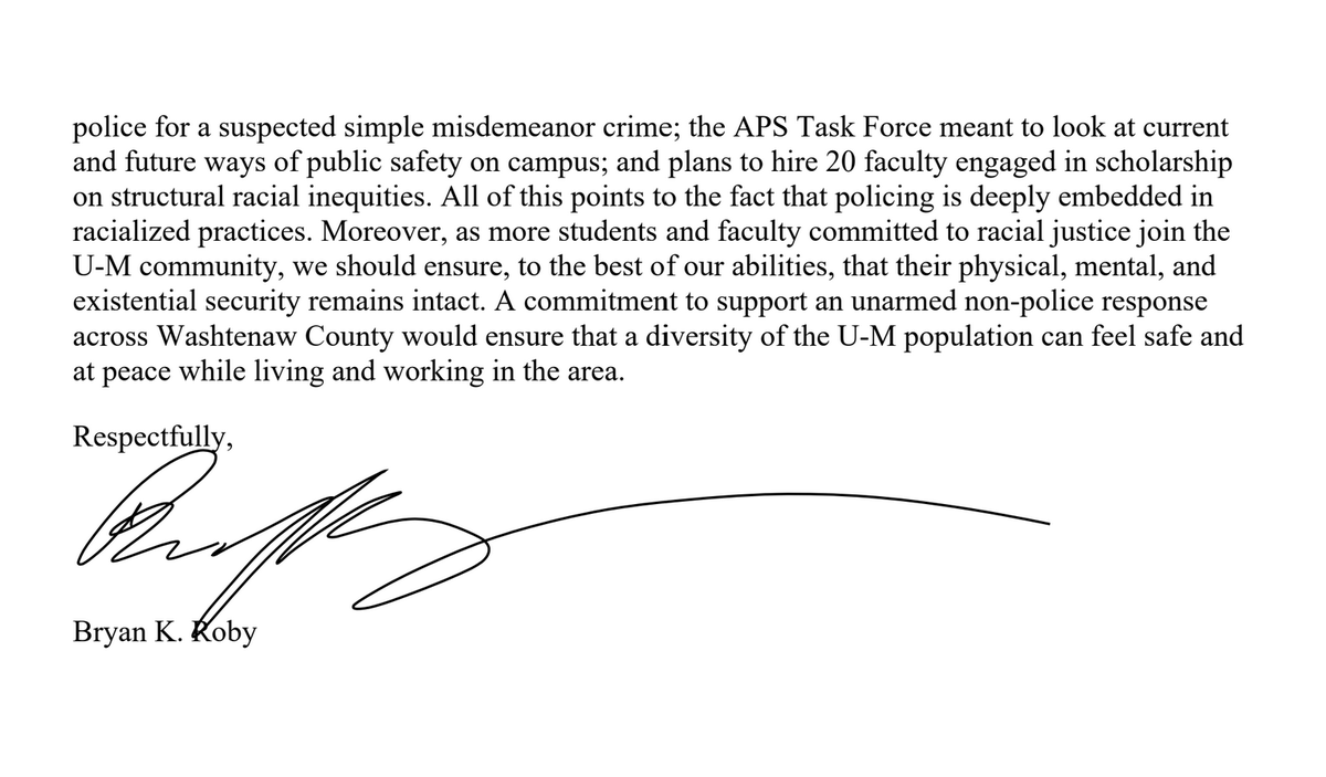 "'campus policing represents a racial project' and Black students are forced to find ways to cope with and avoid police harm."

- Letter of support from <a href="/UMich/">University of Michigan</a> Professor Bryan Roby @bryroby: 

drive.google.com/file/d/18CaOE1…