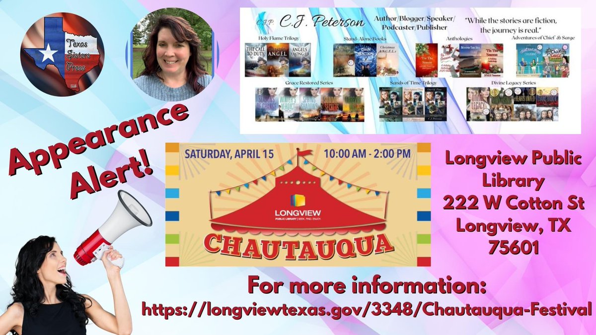 authoress_cj's tweet photo. #Appearance #Alert!!
SAT 15APR from 10AM-2PM:
Chautauqua Festival
Longview Public Library
222 W Cotton St
Longview, TX 75601
#dontmissit #book #books #bookshow #authors #library #chatauqua #LongviewTX #longviewlibrary
@txsisterspress @authoress_cj @ChiefnSarge https://t.co/aRru2Z1sxo