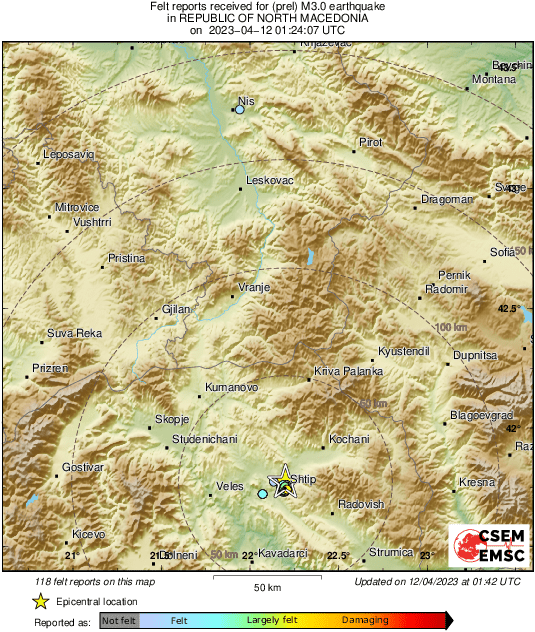 LastQuake's tweet photo. #Earthquake 3 km N of #Shtip (North Macedonia) 18 min ago (local time 03:24:07). Updated map - Colored dots represent local shaking &amp; damage level reported by eyewitnesses. Share your experience via:
📱https://t.co/LBaVNedgF9
🌐https://t.co/6Chg3hNGIu https://t.co/d0WrJncxfl