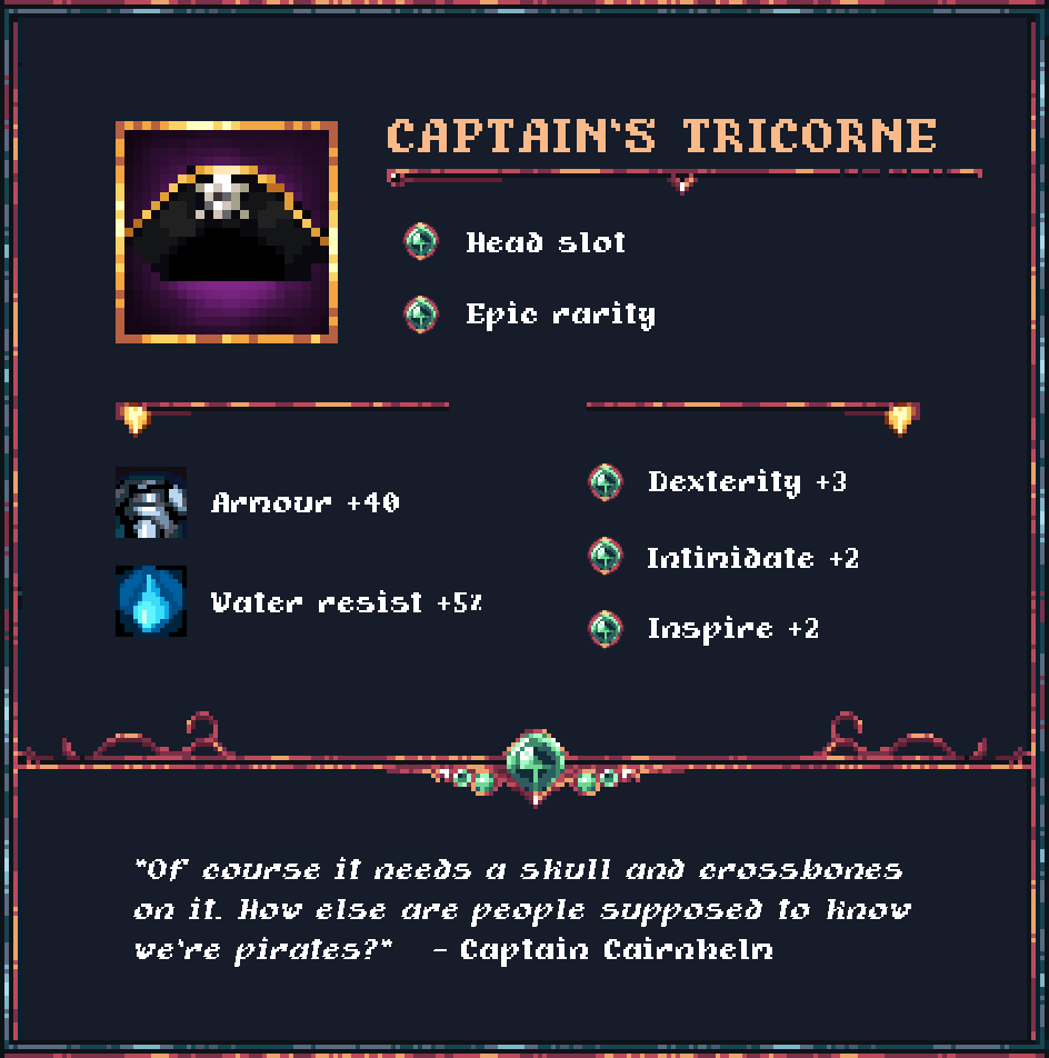 GuildSagaVW's tweet photo. Choose from 650+ (and growing) equipment pieces to customize your party!

In addition to boosting your combat prowess, items like Captain's Tricorne may provide attributes such as 𝑰𝒏𝒔𝒑𝒊𝒓𝒆 and 𝑰𝒏𝒕𝒊𝒎𝒊𝒅𝒂𝒕𝒆 that unlock new dialogue options.

#gamedev #rpg #pixelart https://t.co/GAQ5d4OZAY