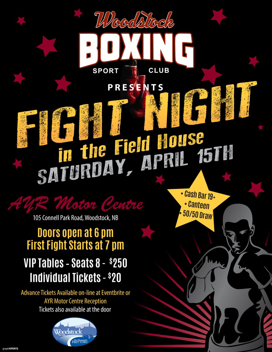 Looking for something fun to do this weekend then head on up to woodstock for some boxing action. Live boxing action in Woodstock NB April 15th at 7pm #maritimes #boxing #canada #amateurboxing #fredericton #frederictonnb #moncton #monctonnb #saintjohn #saintjohnnb #woodstock