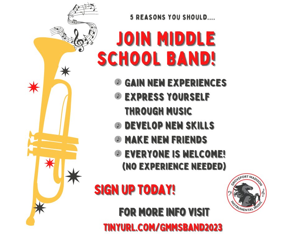 Instrument Fitting Night is NEXT WEEK for everyone interested in joining Middle School Band. All fittings will be taking place at Groveport Madison Middle School Central on April 18th-20th. Slots are filling up fast!

Sign up online: tinyurl.com/gmmsband2023