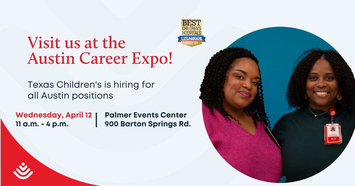 The City of Austin is hosting its 12th Annual Career Expo, and Texas Children's will be there! Career opportunities in all areas are available as we expand, bringing Texas Children's high-quality care to Austin. Visit us and become part of our Austin team! @AustinCityJobs