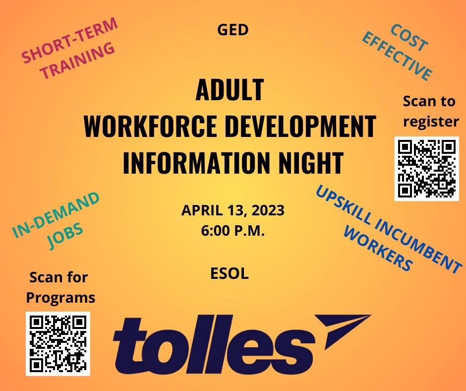 TollesTech's tweet image. Don't forget this coming Thursday, April 13th, is our Adult Workforce Development Information Night! Doors open at 6:00PM. @tollesceo
