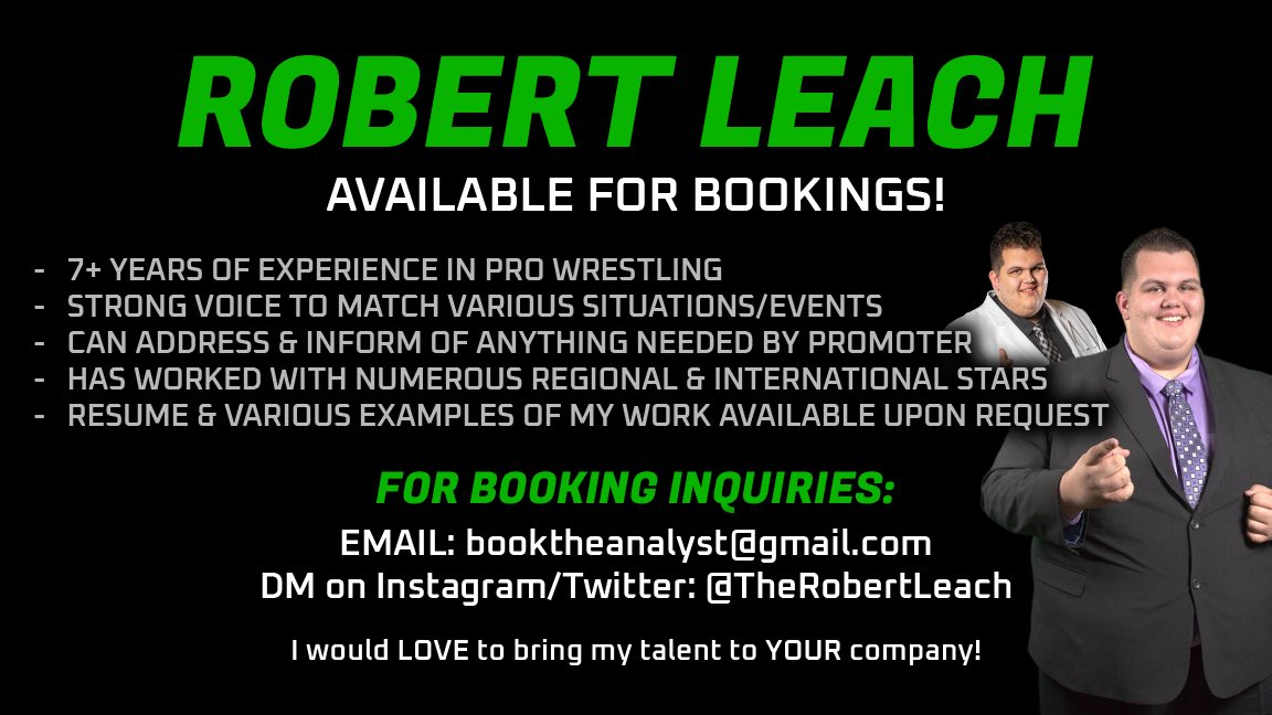 I do a lot of things. If you want me to do one (or more) of those things on your pro wrestling show, book me! 

DMs are OPEN
or Email booktheanalyst@gmail.com