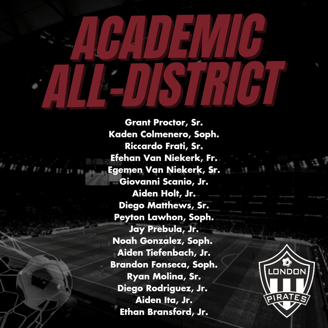Congratulations to these 17 Varsity players for making Academic All-District!!!!  Putting in the work on and off the field. So Proud! 🏴‍☠️⚽️📚 #LHSPirateSoccer #LondonProud @cclondonpirates