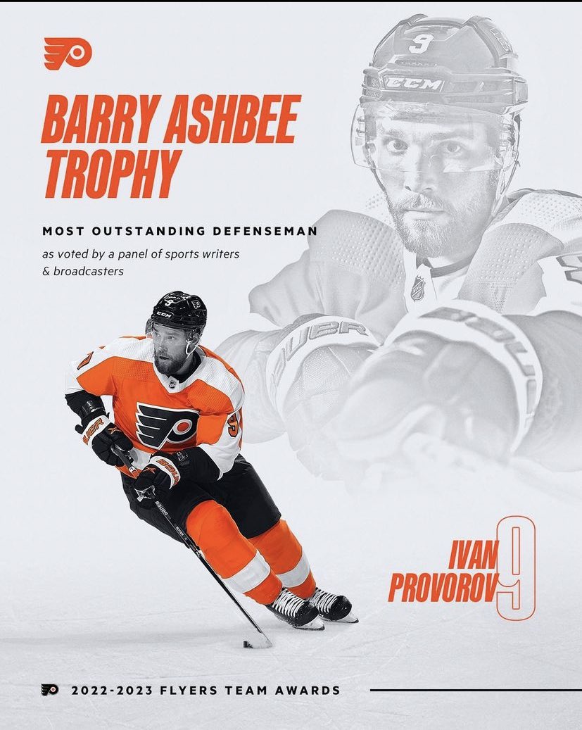 sandropacheco71's tweet image. #IvanProvorov is the winner of the #PhiladelphiaFlyers’ 2022-23 #BarryAshbeeTrophy, given to the #Flyers #MostOutstandingDefensemen. #NHL #MakingHistory #Congratulations #FueledByPhilly #Hockey🥅🏒