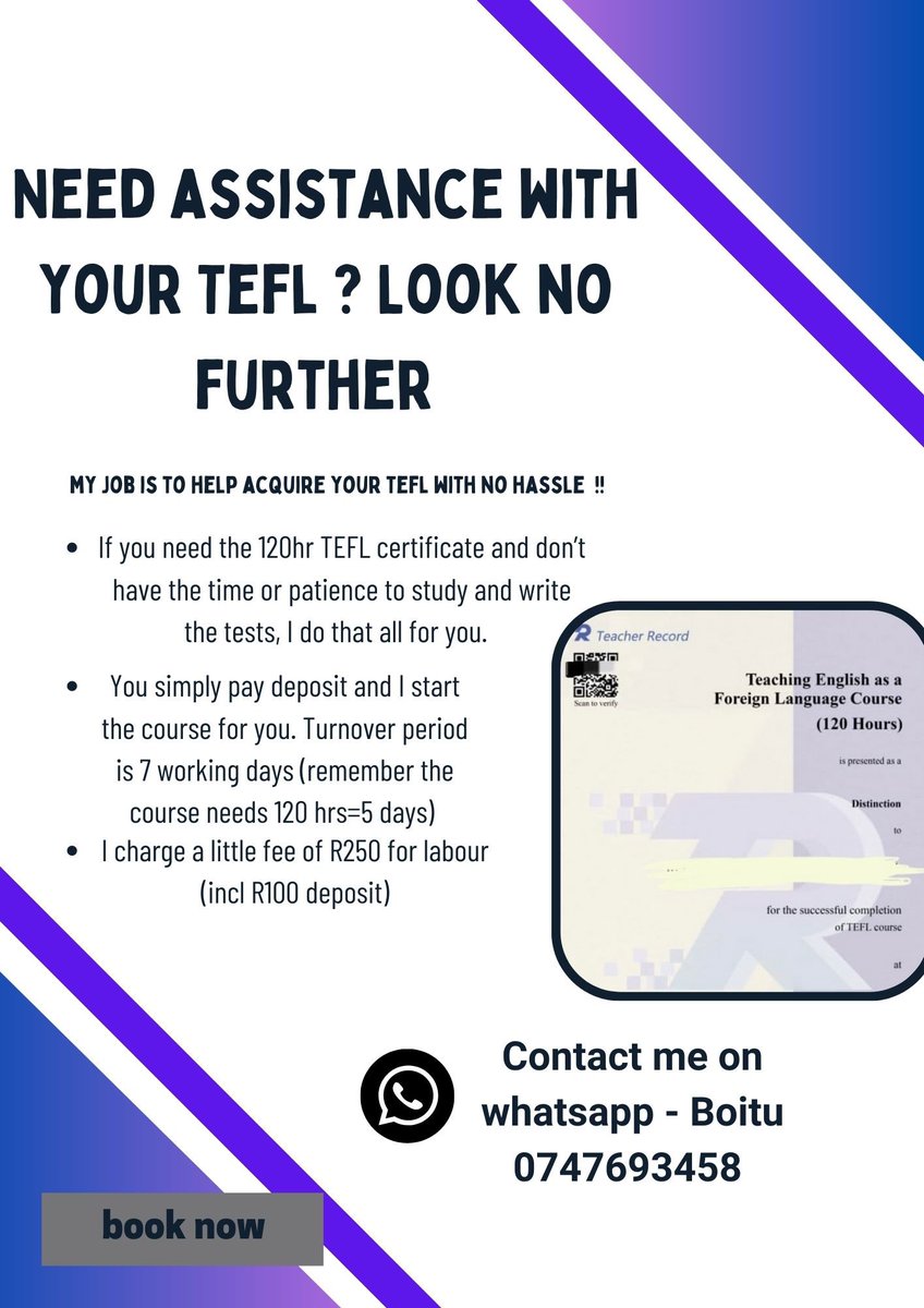 Hey guys 🙂! 
I help people get their TEFL certificates in order to start their journey of teaching English online. Please don’t hesitate to reach out to me, I’ll do all the study and the tests so you don’t have to. 

Pls retweet
#tefl #teachingonline #teflcertificate