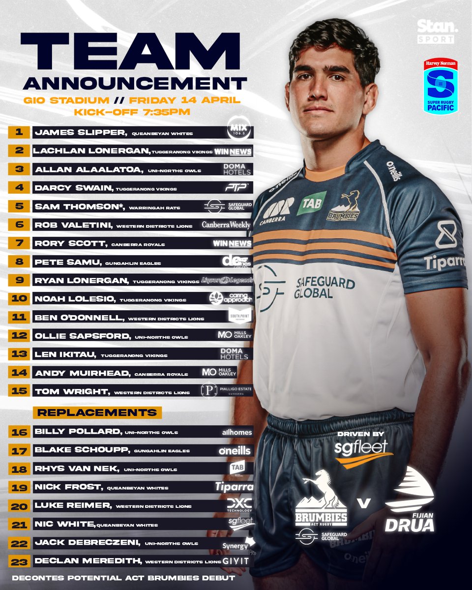 BrumbiesRugby's tweet photo. 🐴⛵ Your #ACT team to take on the @Fijian_Drua 

- Darcy's in with Sam Thomson on debut
- B'OD on the wing, Declan Meredith onto the bench
- Lonners and Noah at 9 and 10

Get to the game: https://t.co/bp2WUHEkIJ

#ProudToBeABrumby https://t.co/QgQRzxYUDW