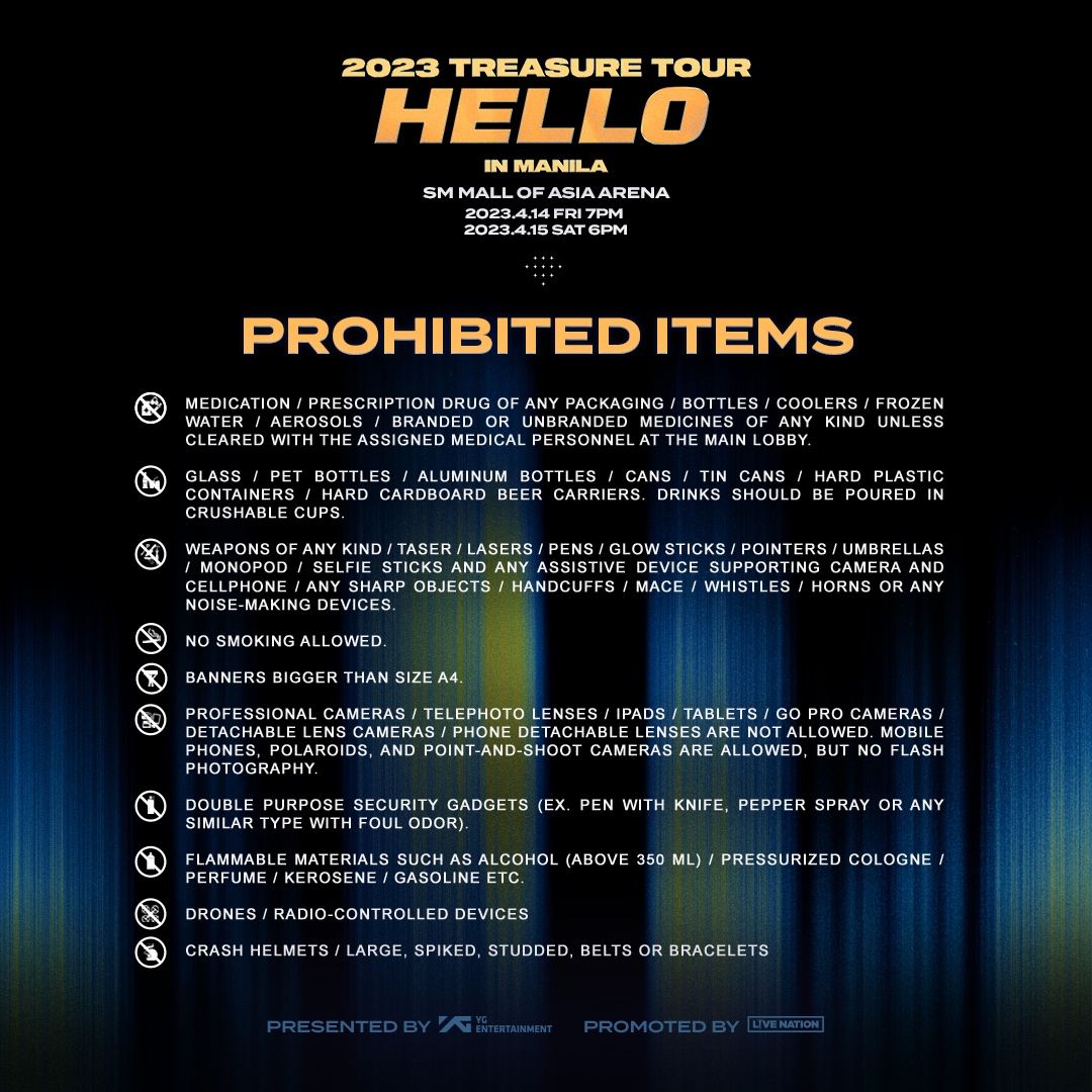 livenationph's tweet photo. Attention, TEUME 📣 Make sure you know what you can and can't bring to the concert ‼️

#TREASURE #트레저 #TOUR #HELLO #PHILIPPINES #20230414 #20230415 #LiveNationPH #YG https://t.co/uutu4UrVXP