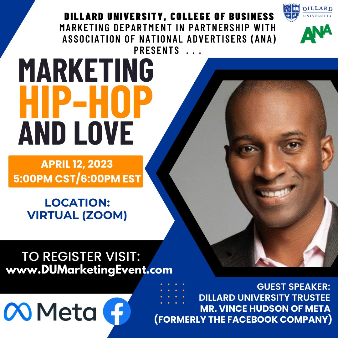 The Dillard University College of Business looks forward to hosting Mr. Vince Hudson virtually on tomorrow, April 12, 2023 @ 5PM. Please join us for a great presentation.