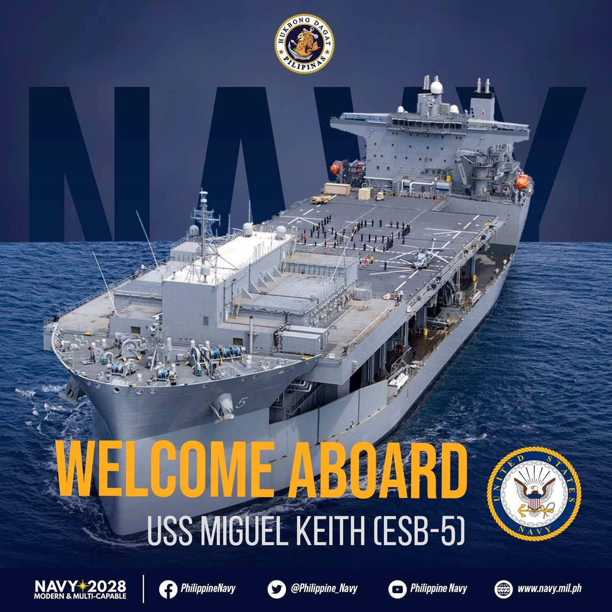 WELCOME ABOARD | The @Philippine_Navy welcomes aboard the @USNavy's @USSMakinIsland (LHD8), #USSAnchorage (LPD23), #USSJohnPMurtha (LPD26) & #USSMiguelKeith (ESB5).
🇵🇭👋🇺🇸

#InTheNavy 💪⚓️
#FriendsPartnersAllies
#Balikatan2023 
#ModernandMultiCapablePHNavy
#AFPyoucanTRUST