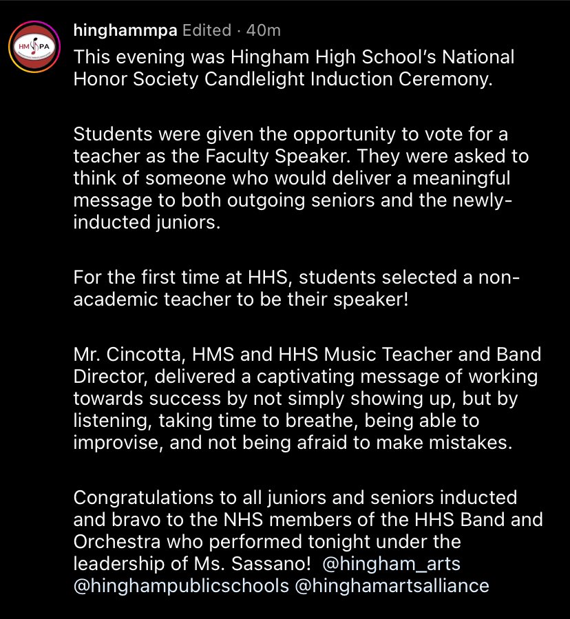 Congratulations to the juniors and seniors inducted into the National Honor Society (NHS) this evening.  Thank you to Mr. Cincotta for speaking and to Ms. Sassano and the NHS orchestra students for celebrating the occasion through music. <a href="/MAdamsSupt/">Dr. Margaret Adams</a> <a href="/rswansonhingham/">Rick Swanson</a>