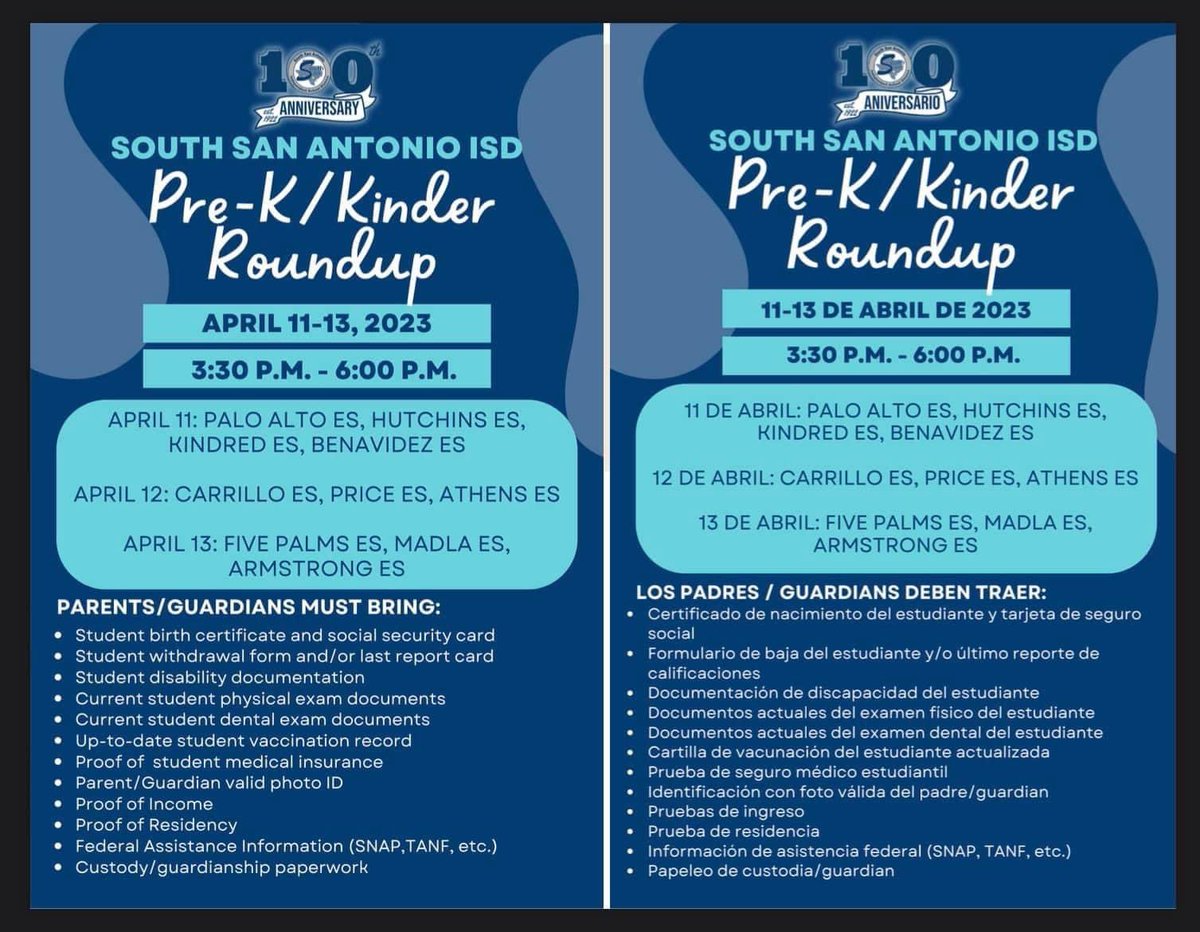 South San Antonio ISD will host their Pre-K/Kinder Roundups next week on April 11-13, 2023 from 3:30-6pm at the locations on the flyers. Be sure to check what documents are needed at the time of registration. Go Cobras!