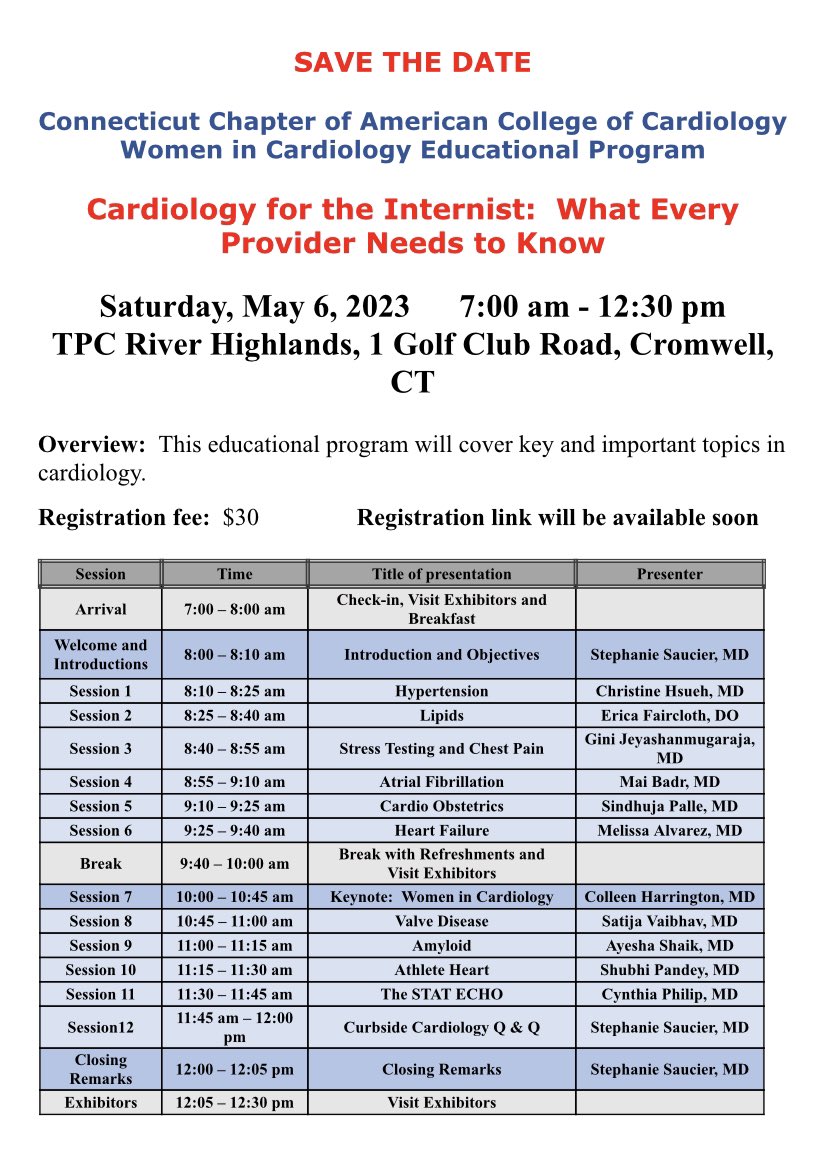 Save The Date for an amazing event next month! A great morning of learning, with presentations by some amazing CT #ACCFIT & #ACCWIC! Earn CME, learn, and mingle! Registration link coming soon. @sjsaucier12 @sealtin1 @saratabtabai @KatAAClark @IFotjadhi @sallyjybaeMD @malvarez_md