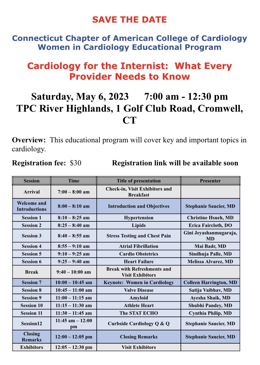 ACC Women in Cardiology Connecticut Chapter (@accwic_ct) on Twitter photo Save The Date for an amazing event next month! A great morning of learning, with presentations by some amazing CT #ACCFIT & #ACCWIC! Earn CME, learn, and mingle! Registration link coming soon. <a href="/sjsaucier12/">Stephanie Saucier MD, FACC</a> <a href="/sealtin1/">Elissa Altin</a> <a href="/saratabtabai/">Sara Tabtabai</a> <a href="/KatAAClark/">Katherine Clark Godiksen</a> <a href="/IFotjadhi/">Irma Mece Fotjadhi</a> <a href="/sallyjybaeMD/">Sally Juyoung Bae M.D.</a> <a href="/malvarez_md/">Melissa Alvarez, MD</a> Save The Date for an amazing event next month! A great morning of learning, with presentations by some amazing CT #ACCFIT & #ACCWIC! Earn CME, learn, and mingle! Registration link coming soon. <a href="/sjsaucier12/">Stephanie Saucier MD, FACC</a> <a href="/sealtin1/">Elissa Altin</a> <a href="/saratabtabai/">Sara Tabtabai</a> <a href="/KatAAClark/">Katherine Clark Godiksen</a> <a href="/IFotjadhi/">Irma Mece Fotjadhi</a> <a href="/sallyjybaeMD/">Sally Juyoung Bae M.D.</a> <a href="/malvarez_md/">Melissa Alvarez, MD</a>