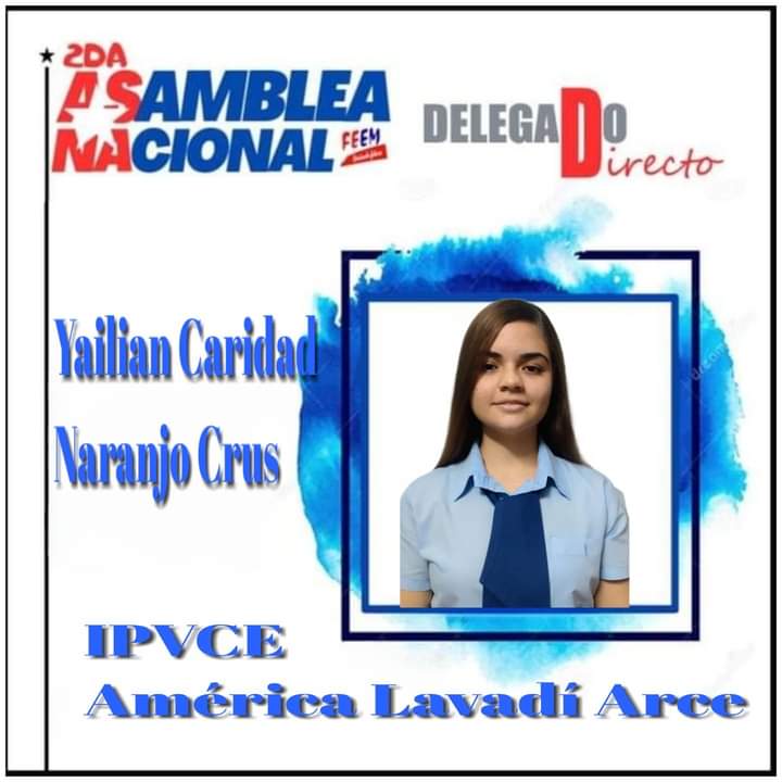Acá está, claro que sí, desde el IPVCE América Lavadí Arce en la #IslaDeIaJuventud la Delegada directa de nuestro municipio a la #2daAsambleaNacional de la FEEM. Ejemplo de dignidad, consagración, disciplina y sobre todo mucha valentía. #UnaMejorJuventud #FEEMAquíConCuba #UJC