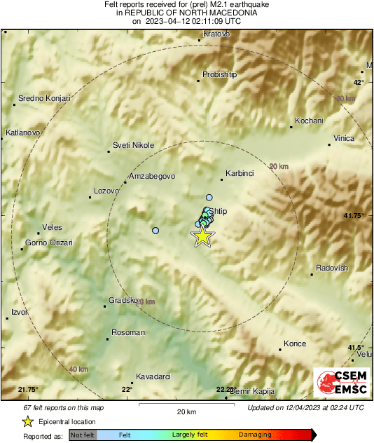 LastQuake's tweet photo. #Earthquake 4 km S of #Shtip (North Macedonia) 13 min ago (local time 04:11:09). Colored dots represent local shaking &amp; damage level reported by eyeswitnesses. Share your experience via:
📱https://t.co/LBaVNedgF9
🌐https://t.co/HnZB0aQz67 https://t.co/g4cYz6pUvm