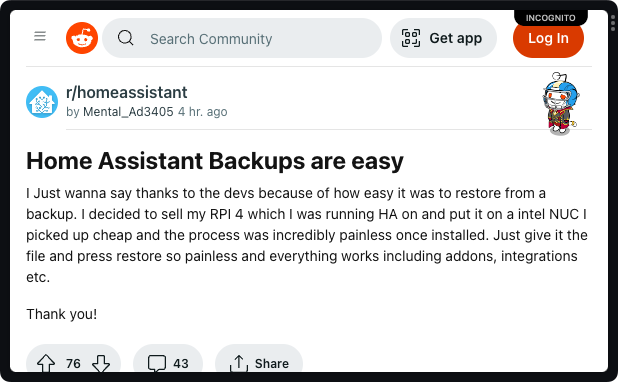 home_assistant's tweet photo. Home Assistant backups are easy and work great, even across different platforms. Spread the word ✌️ https://t.co/dya93uWZeQ