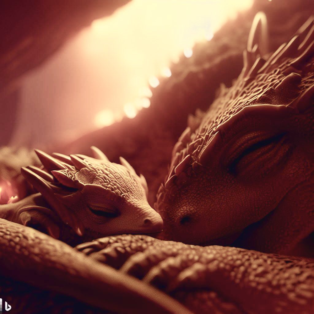 dyzrptur's tweet photo. A beautiful scene where a baby dragon snuggles beside its sleeping mother in a cozy den #midjourney #imagecreate https://t.co/ZTjqr7z5jR