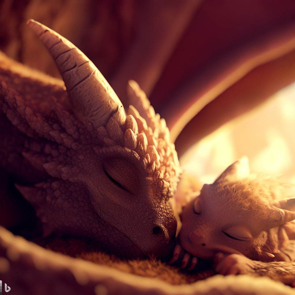 dyzrptur's tweet photo. A beautiful scene where a baby dragon snuggles beside its sleeping mother in a cozy den #midjourney #imagecreate https://t.co/ZTjqr7z5jR