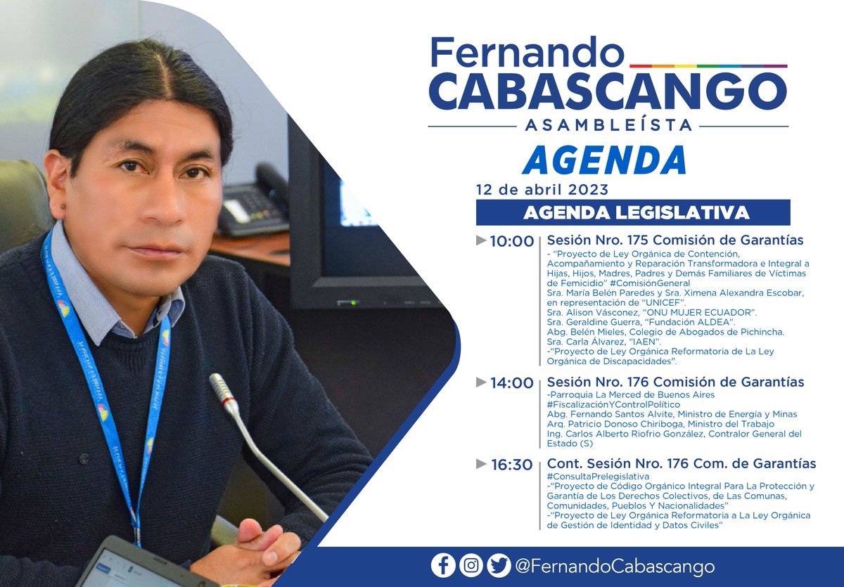 fer_cabascango's tweet photo. #agendaLegislativa | 12 abril 2023
10h00 | SESIÓN N. 175
- Víctimas de Femicidio #ComisiónGeneral
- Ley Orgánica de Discapacidades".
14h00 | SESIÓN N. 176
- Buenos Aires #FiscalizaciónYControlPolítico
16h30 | SESIÓN N. 173
#ConsultaPrelegislativa #LeyDeComunas
#LeyDatos https://t.co/q7RJVNdNV2