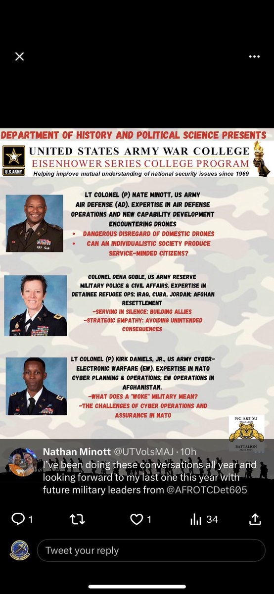AFROTCDet605's tweet photo. Looking forward to hosting scholars from @ArmyWarCollege’s Eisenhower Series College Program. Be on the lookout for an amazing podcast w/ three rising senior Army officers that will be visiting @ncatsuaggies tomorrow!! Thanks to the team for sharing their wealth of knowledge! https://t.co/h8jnpvA3ZD