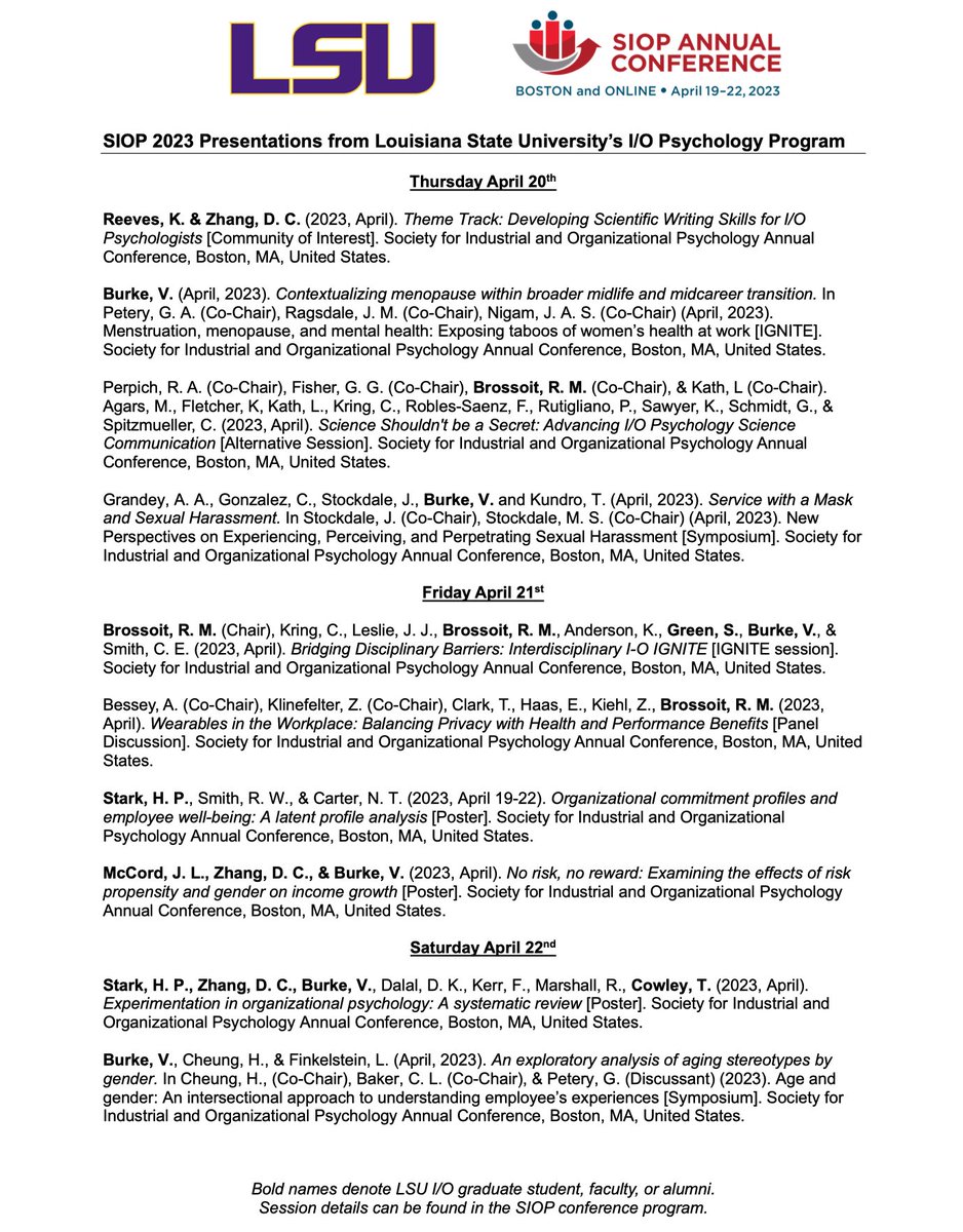 Come check out some exciting work presented by our students and faculty at #SIOP23 this year! #SIOPSmarterWorkplace #IOPsych @SIOPTweets 🐅