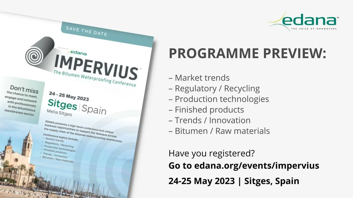 EdanaNonwovens's tweet image. IMPERVIUS™ 2023 is the conference for all #waterproofing #bituminous membranes professionals. It&apos;s the perfect event to gain insights on market trends, regulation, technical topics, and environmental concerns. Register: buff.ly/404d3Dq 

#IMPERVIUS #EDANA