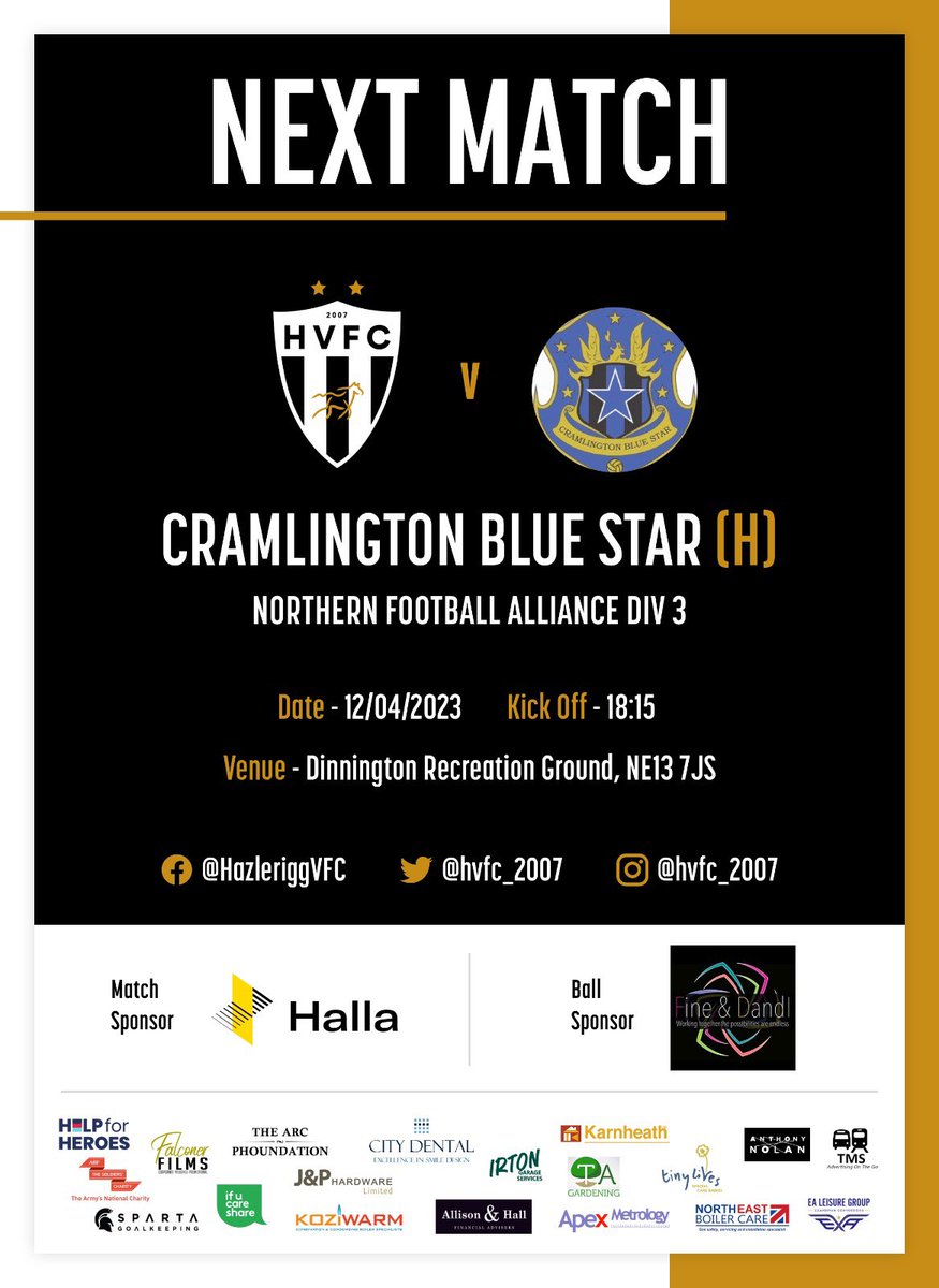 Hazlerigg Victory FC (@hvfc_2007) on Twitter photo ⚽️ Match Day ⚽️
We return to league action tonight as <a href="/cram_Bluestar/">Cramlington Bluestar F.C</a> Snrs visit.
Thanks again to <a href="/HALLALighting/">Halla, a.s.</a> (Match) & <a href="/FineDandi/">Fine and DandI</a> (Ball) sponsors for this one.
#Hezzy #Rigg #HVFC ⚽️ Match Day ⚽️
We return to league action tonight as <a href="/cram_Bluestar/">Cramlington Bluestar F.C</a> Snrs visit.
Thanks again to <a href="/HALLALighting/">Halla, a.s.</a> (Match) & <a href="/FineDandi/">Fine and DandI</a> (Ball) sponsors for this one.
#Hezzy #Rigg #HVFC