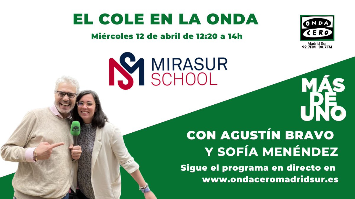 Hoy nos visita <a href="/OndaCeroMadSur/">Onda Cero Madrid Sur</a> "El cole en la Onda" de 12:20 a 14:00 horas! No te lo pierdas!!